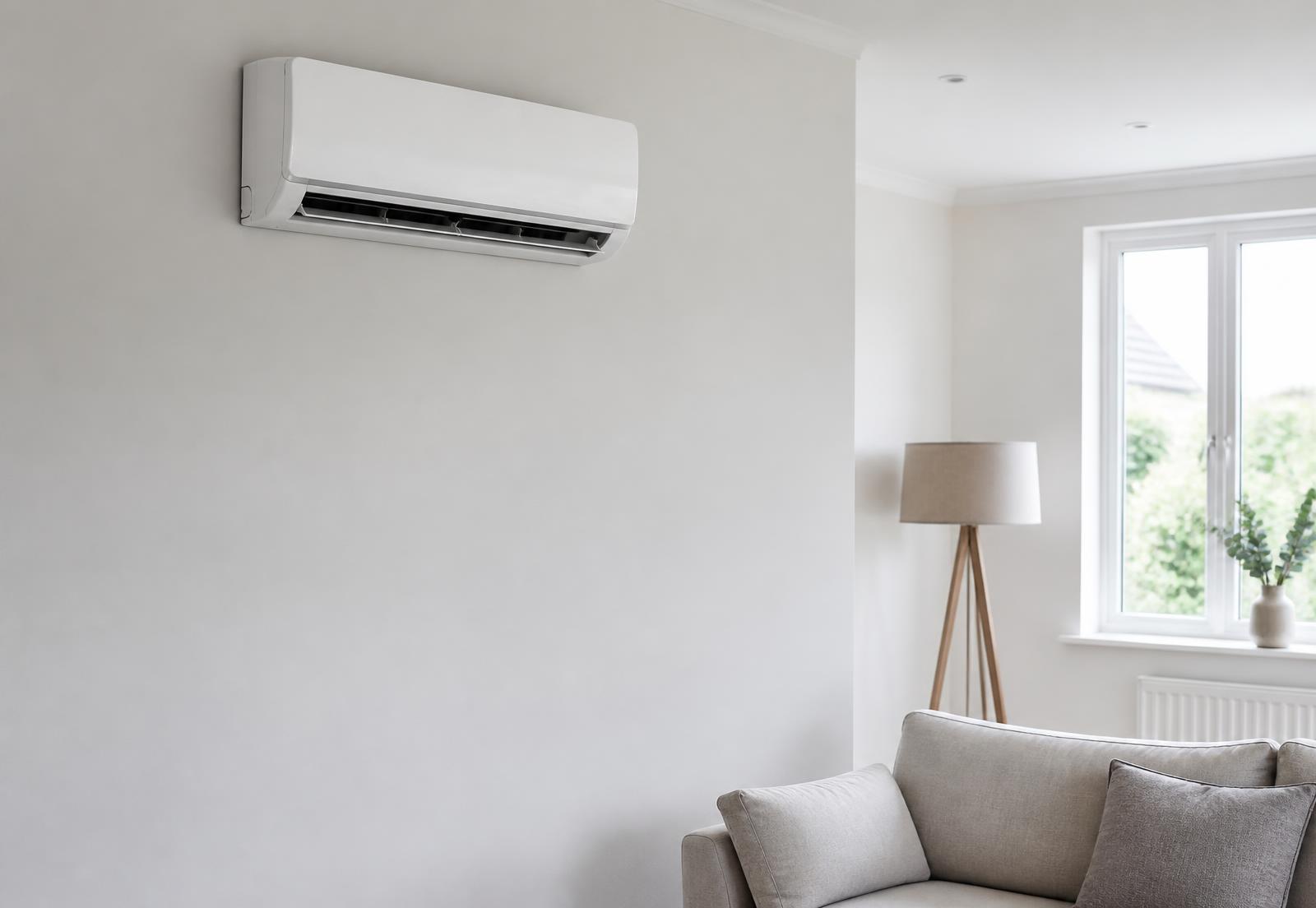 An air-conditioning indoor unit installed neatly on the wall of a bright modern room